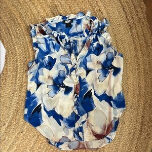 DKNY Blue Floral Watercolor Ruffled Blouse Size M